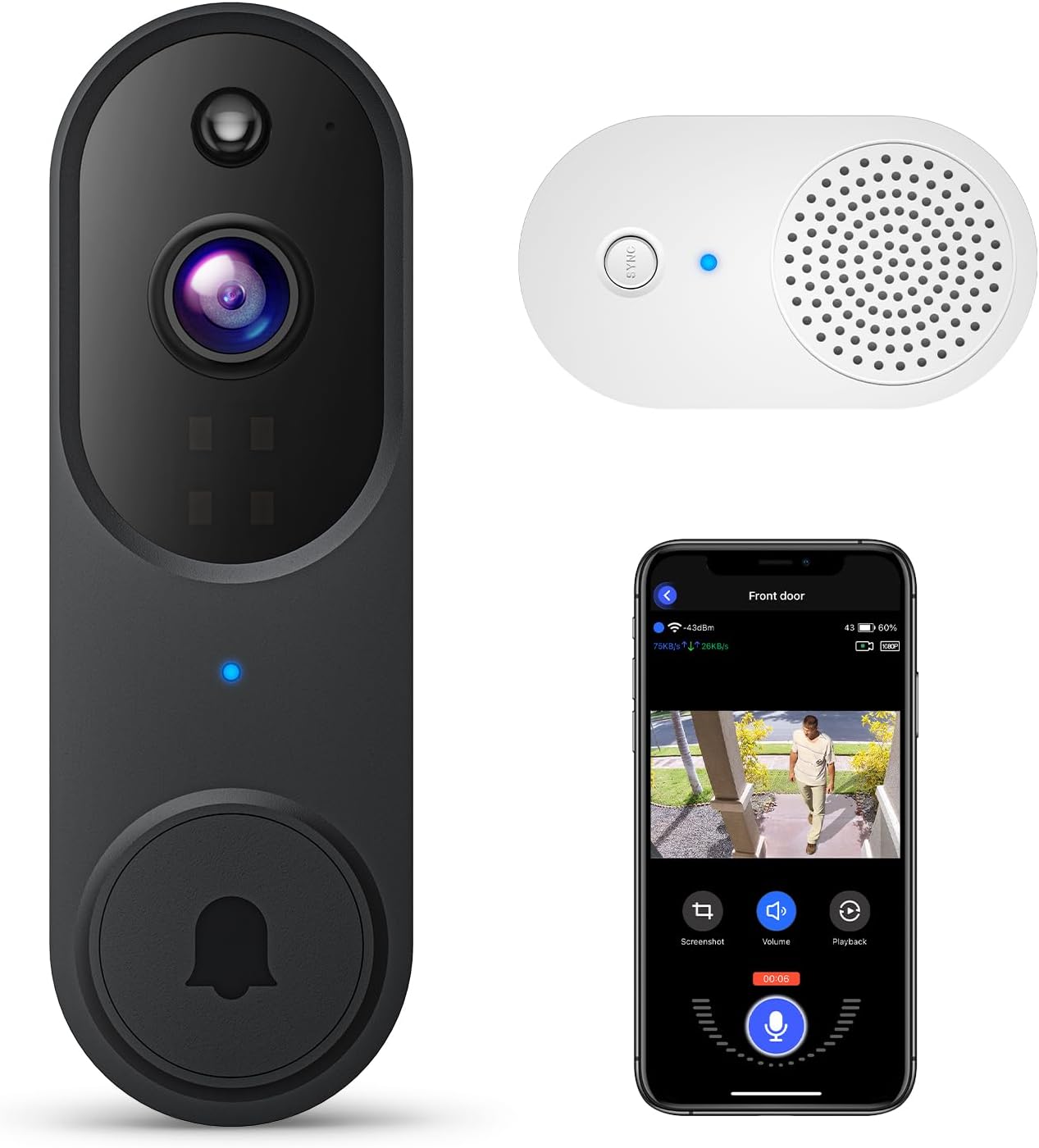 1080P Video Doorbell Camera, Smart Human Detection, Cloud Storage, Chime Included, Live View, 2-Way Audio, IR Night Vision, Battery Powered, Indoor/Outdoor Surveillance