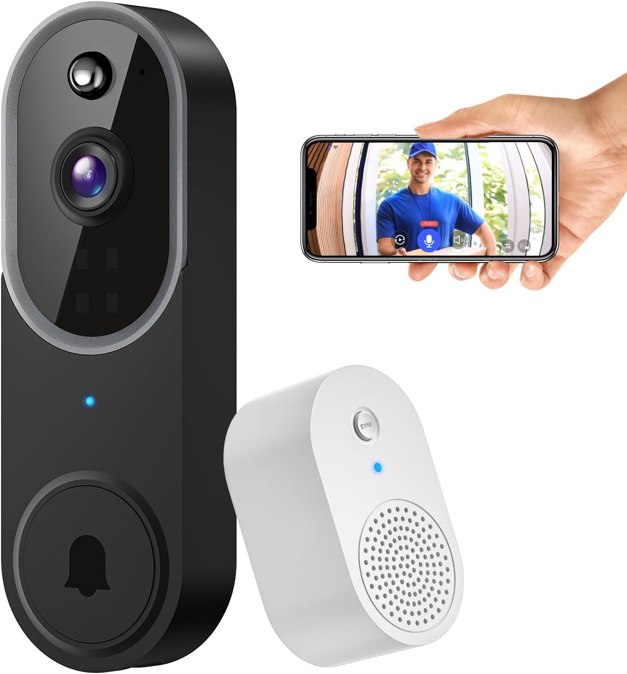 1080P Video Doorbell Camera Wireless, Chime Ringer Included, Live View, AI Human Detection, 2.4G WiFi, Night Vision, Cloud Storage, Battery Powered, Indoor Outdoor Surveillance