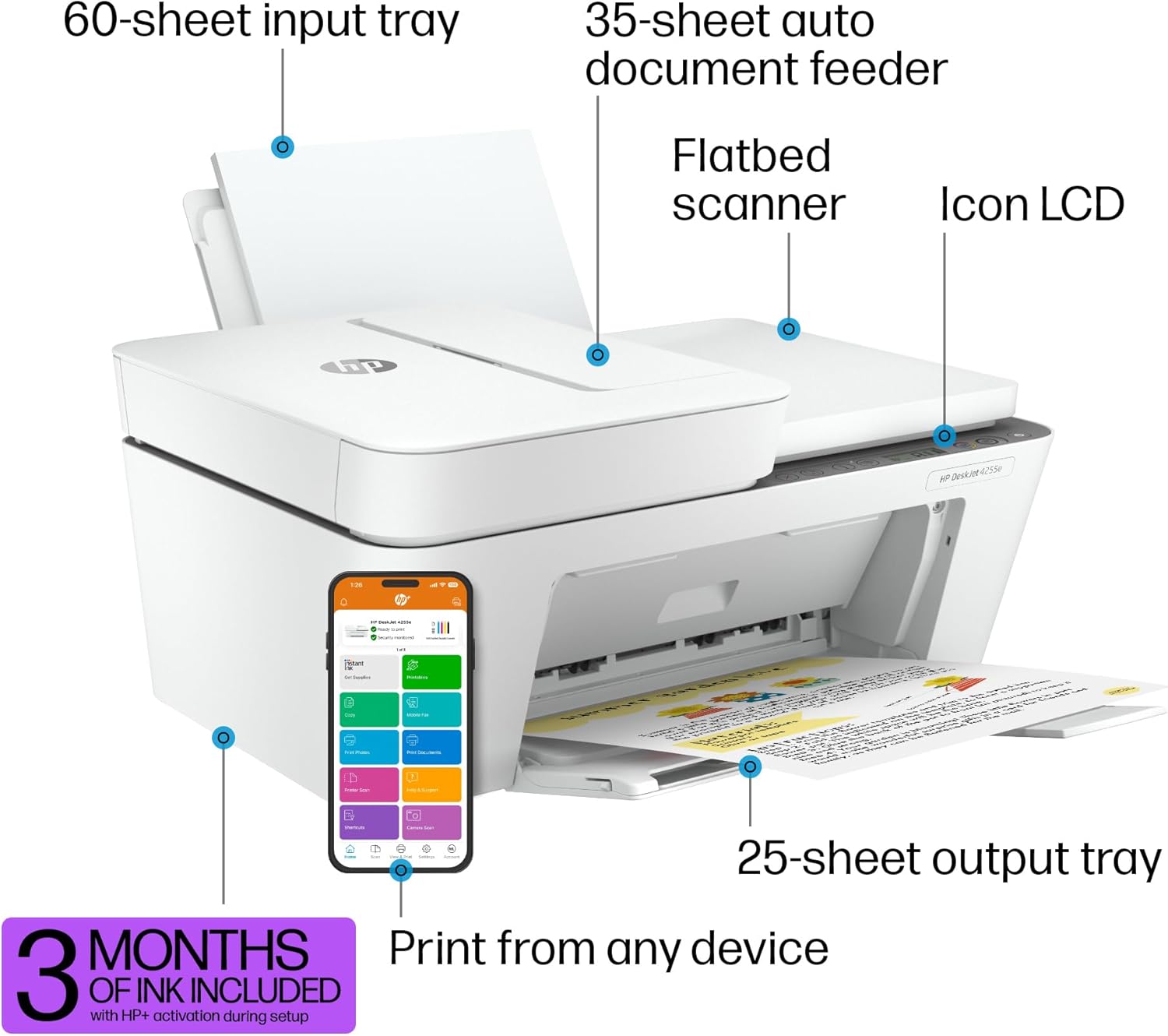 HP DeskJet 4255e Wireless All-in-One Color Inkjet Printer, Scanner, Copier, Best-for-Home, 3 Months of Ink Included (588S6A) - Image 4