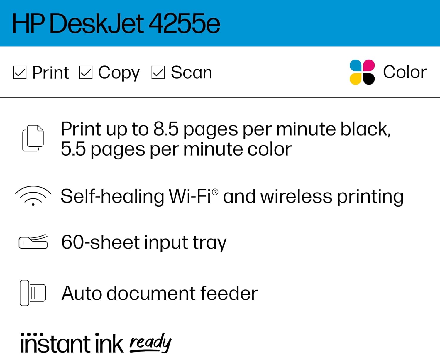 HP DeskJet 4255e Wireless All-in-One Color Inkjet Printer, Scanner, Copier, Best-for-Home, 3 Months of Ink Included (588S6A) - Image 2