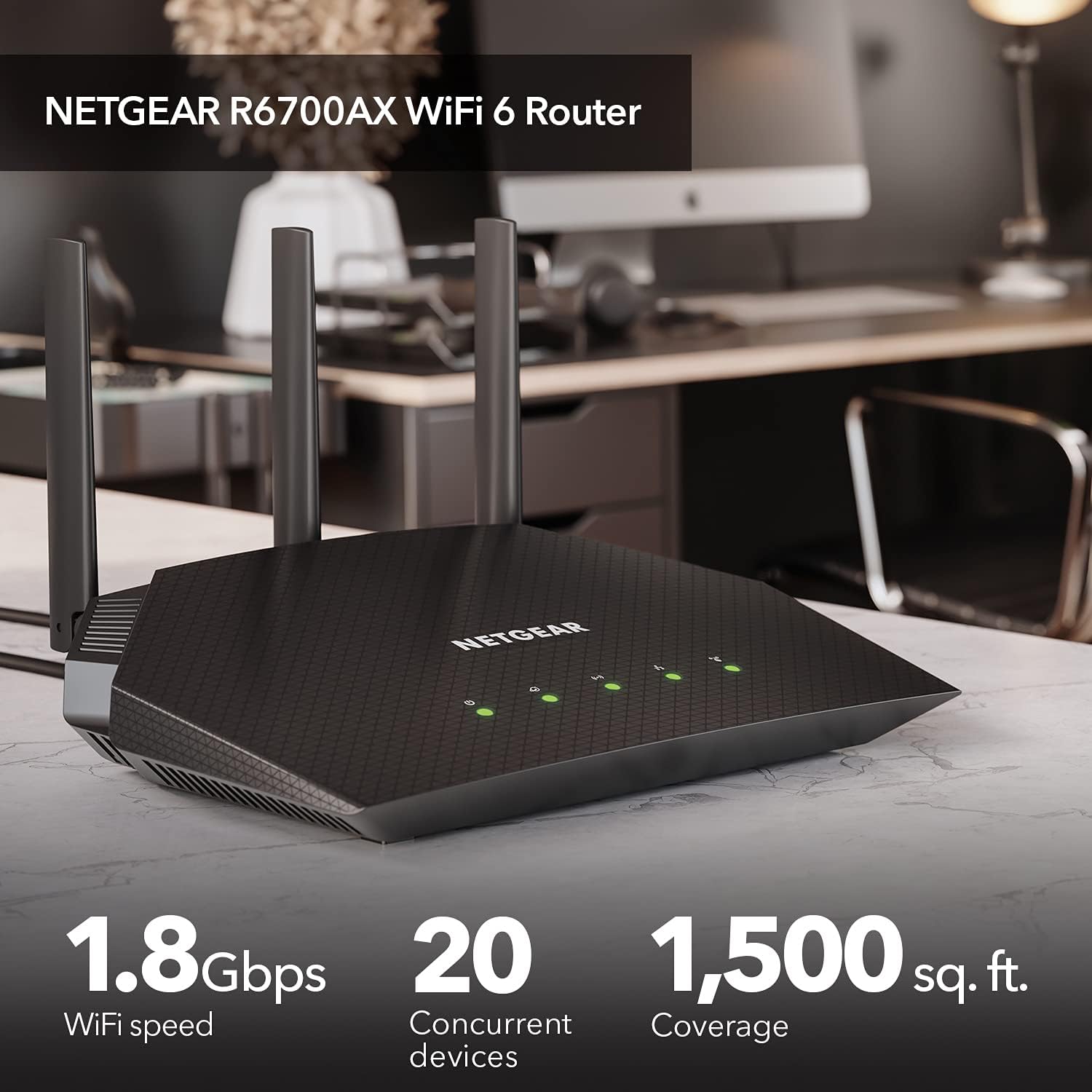 NETGEAR Nighthawk WiFi 6 Router (R6700AX) AX1800 1.8Gbps Wireless Speed – Dual-Band Gigabit Internet Router – Covers 1,500 sq. ft., 20 Devices – Built-in VPN, Gaming, Alexa Enabled - Image 2