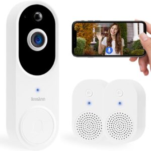Wireless 2.4G WiFi Home Security 1080P Video doorbell Camera, Two-Way Audio, IP65waterproof, Motion Detection and Human Detection, IR Night Vision, Family Sharing, with Two Indoor Chime